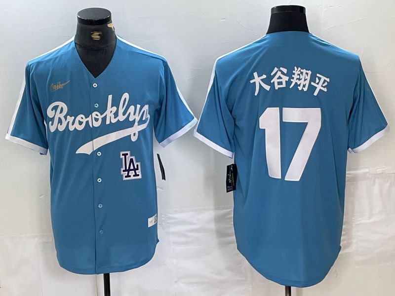 Men Los Angeles Dodgers 17 Ohtani Light blue Throwback 2024 Nike MLB Jersey style 3